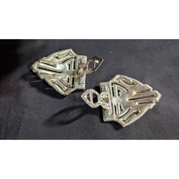 vtg Rhinestone Art Deco Dress  Clips Pair 2.5" Silver-Toned Geometric - Picture 4 of 5